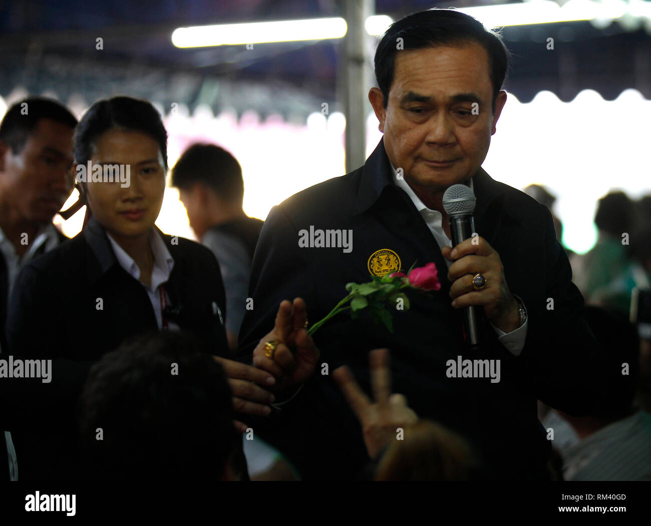 Bangkok, Thailand. 13th Feb 2019. Thailand's Prime Minister Prayuth Chan-ocha seen gesturing to his supporters during his visit at Bang Khae market to observe Management of Land Traffic on Phet Kasem road in Bangkok, Thailand. The Election Commission sets on March 24 as Thailand's national Election Day. Credit: SOPA Images Limited/Alamy Live News Stock Photo