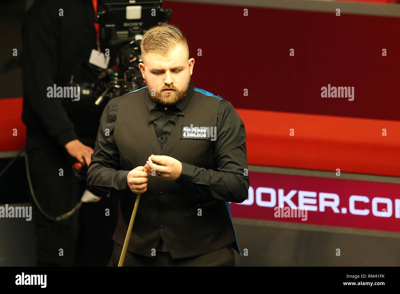 Cardiff, UK. 12th Feb, 2019. Jackson Page of Wales during his 1st round match against Zhao Xintong. Welsh Open snooker, day 2 at the Motorpoint Arena in Cardifft, South Wales on Tuesday 12th February 2019. pic by Credit: Andrew Orchard/Alamy Live News Stock Photo
