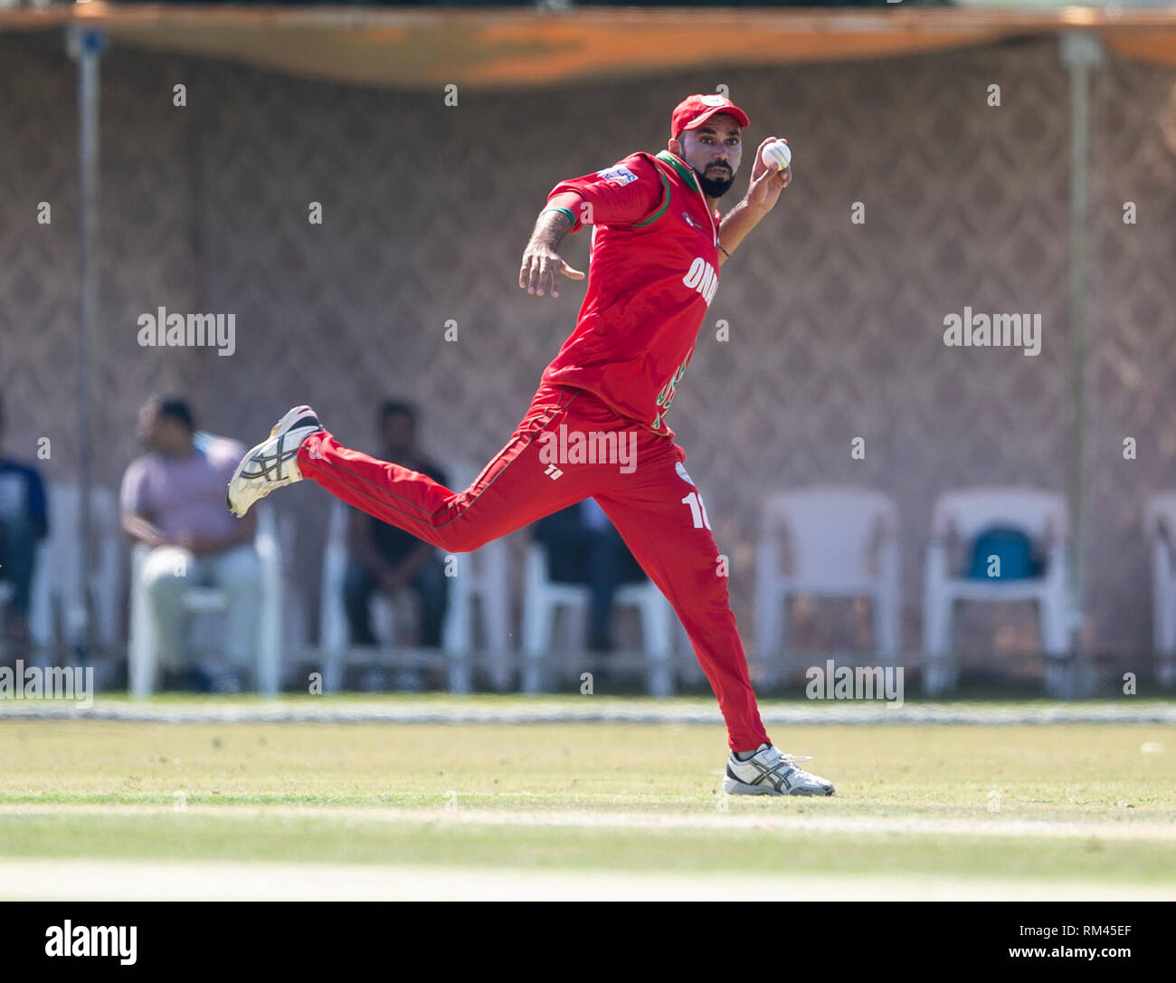 Muscat, Oman. 13th Feb, 2019. Pic shows: Great fielding by Oman's Bilal Khan, as Ireland take on Oman on the first day of the Oman Quadrangular Series. Credit: Ian Jacobs/Alamy Live News Stock Photo