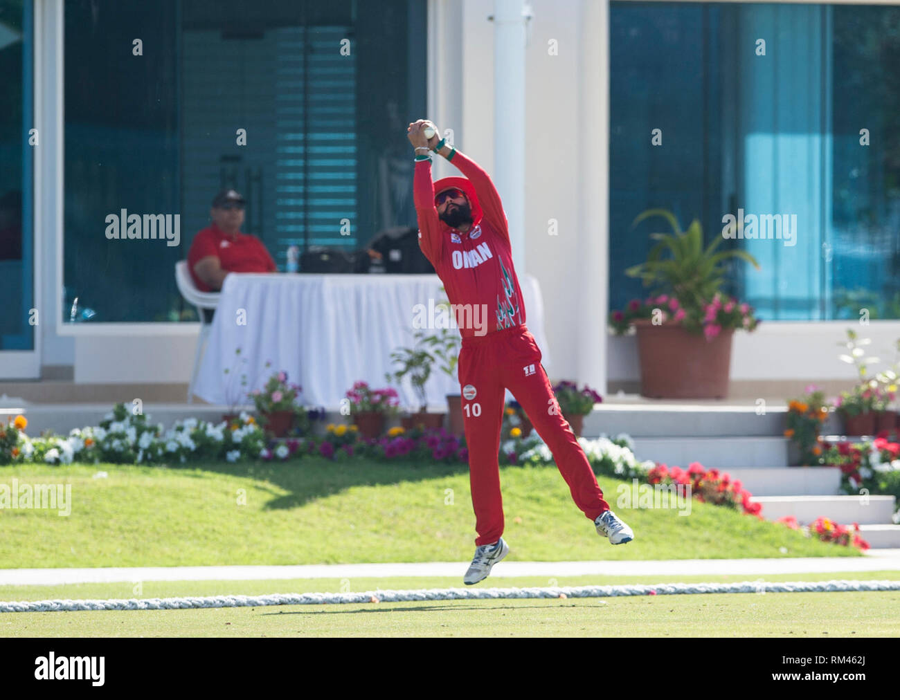 Muscat, Oman. 13th Feb, 2019. Pic shows: Great catch on the boundary by Oman's Jatinder Singh, to dismiss Ireland's Andrew Balbirnie for 34 as Ireland take on Oman on the first day of the Oman Quadrangular Series. Credit: Ian Jacobs/Alamy Live News Stock Photo