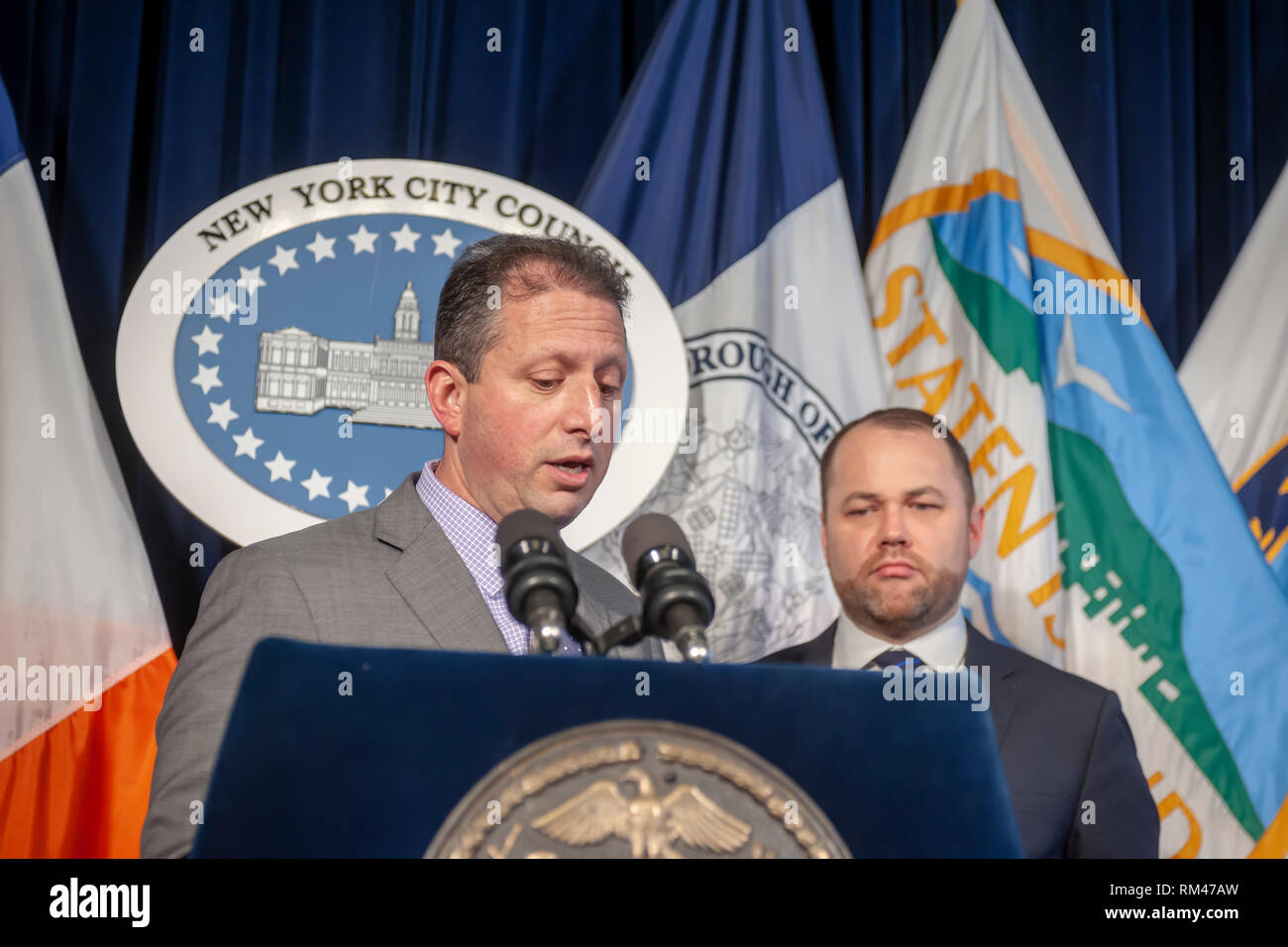 New York, USA. 13th Feb, 2019. New York City Council Member Brad Lander, left, and Speaker and Acting Public Advocate Corey Johnson at a news conference on Wednesday, February 13, 2019 in the Red Room of New York City Hall. Besides speaking about pending legislation Johnson spoke about allegedly homophobic remarks made by Council Member Ruben Diaz Sr. and the Speaker's plan to dissolve the FHV Committee of which Diaz is the chairman. ( © Richard B. Levine) Credit: Richard Levine/Alamy Live News Stock Photo