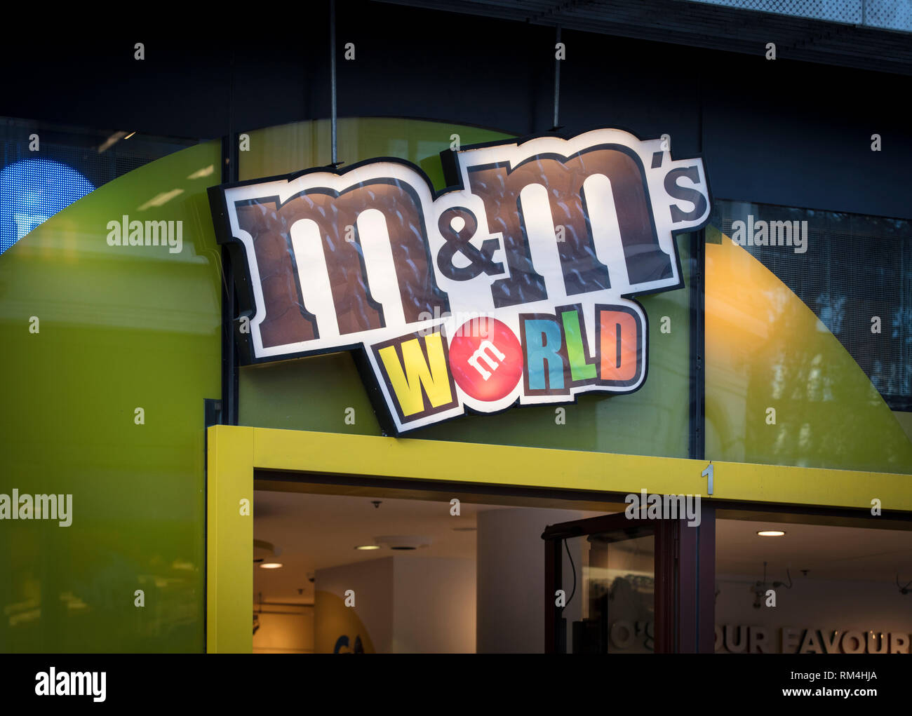 London, Greater London, United Kingdom, 7th February 2018, A sign and logo for M&M World, Leicester Square Stock Photo