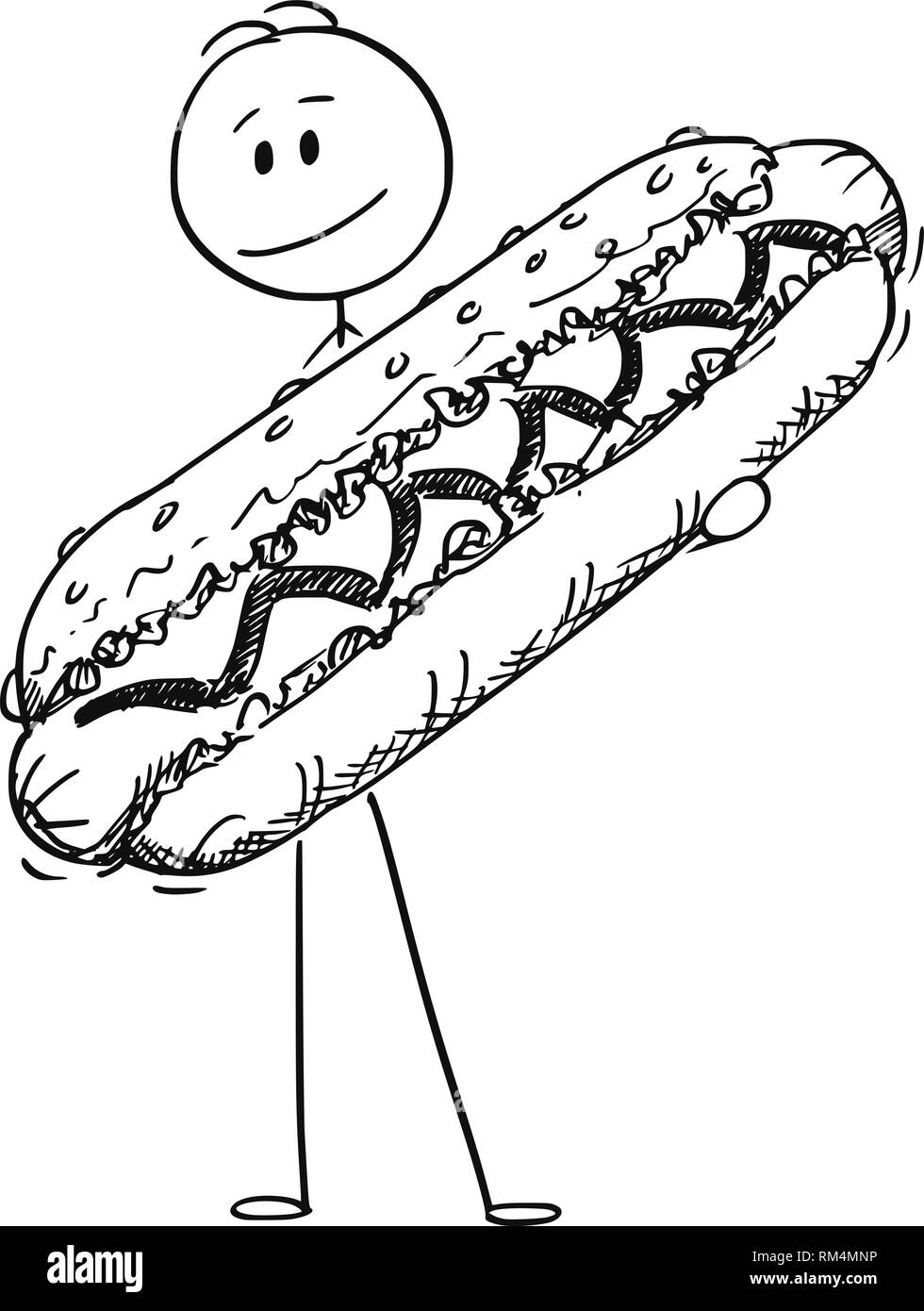 Cartoon of Smiling Man Holding Big Hot Dog Stock Vector