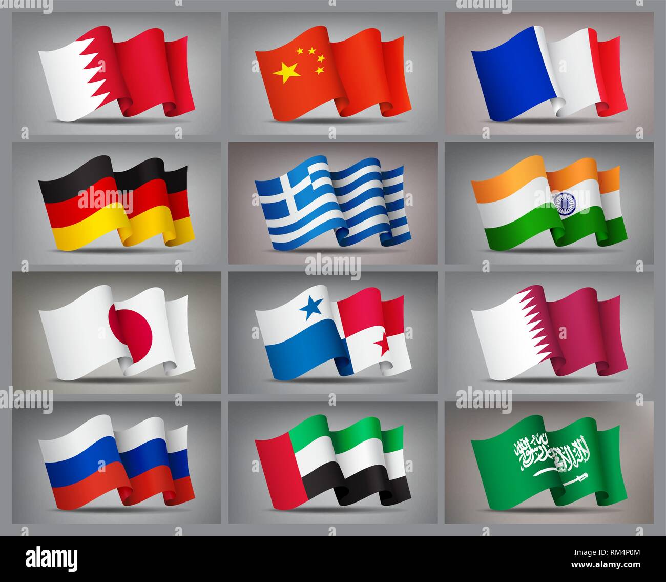 Set of waving flags icons isolated, official symbols of countrys, vector illustration. Stock Vector