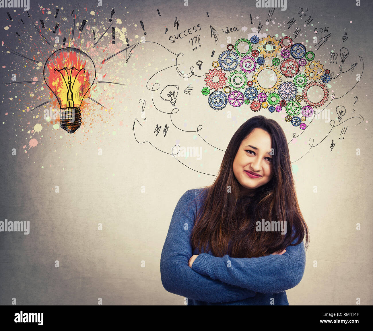 Confident businesswoman idea concept, creative thinking as colorful gear brain above head, create a genius. Mental development light bulb symbol. Stock Photo