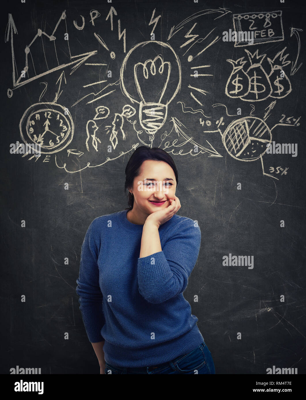 Happy smiling woman holding hand under chin, setting goals, having a rich imagination. Business time management and idea concept isolated on gray back Stock Photo