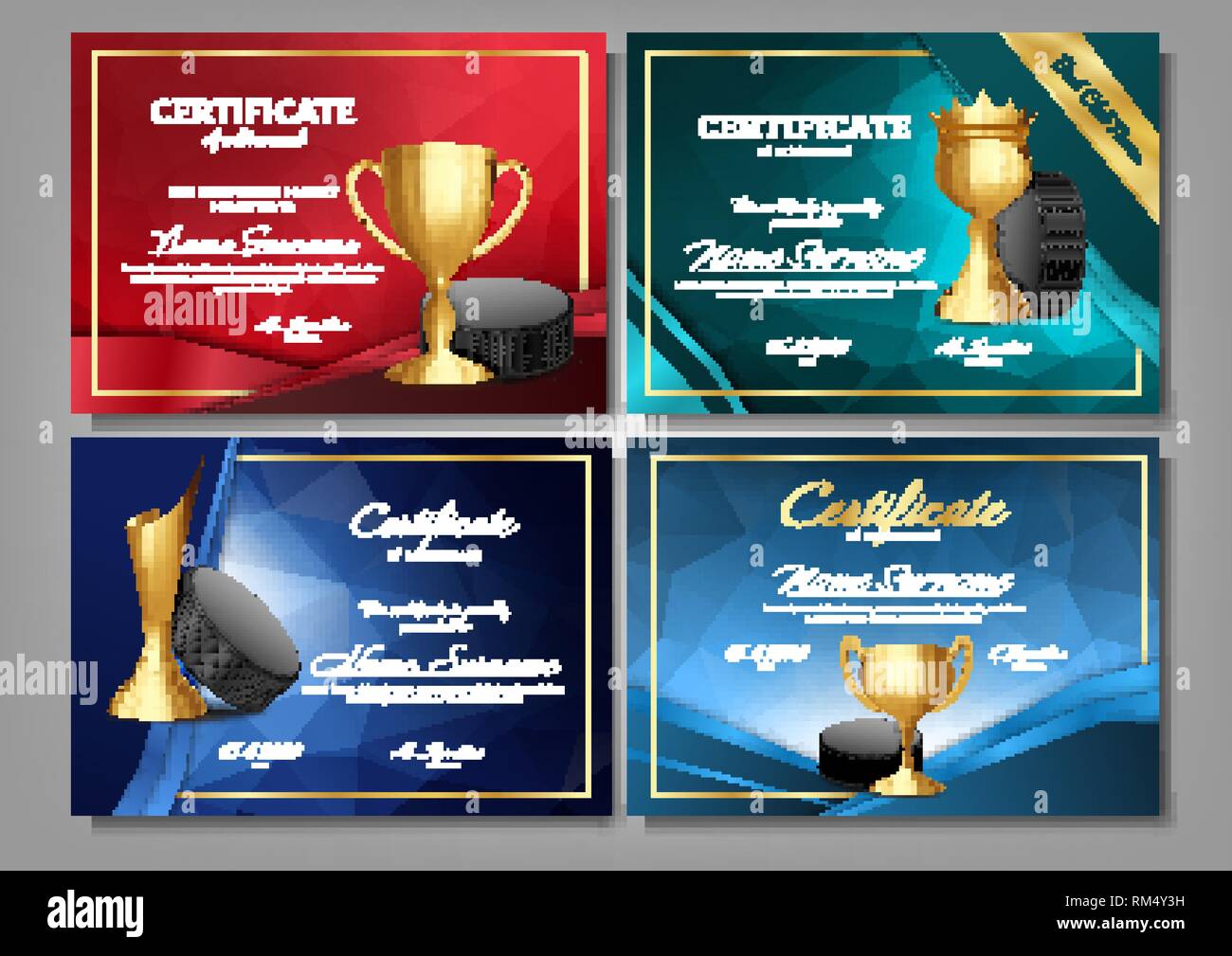 Ice Hockey Game Certificate Diploma With Golden Cup Set Vector. Sport ...