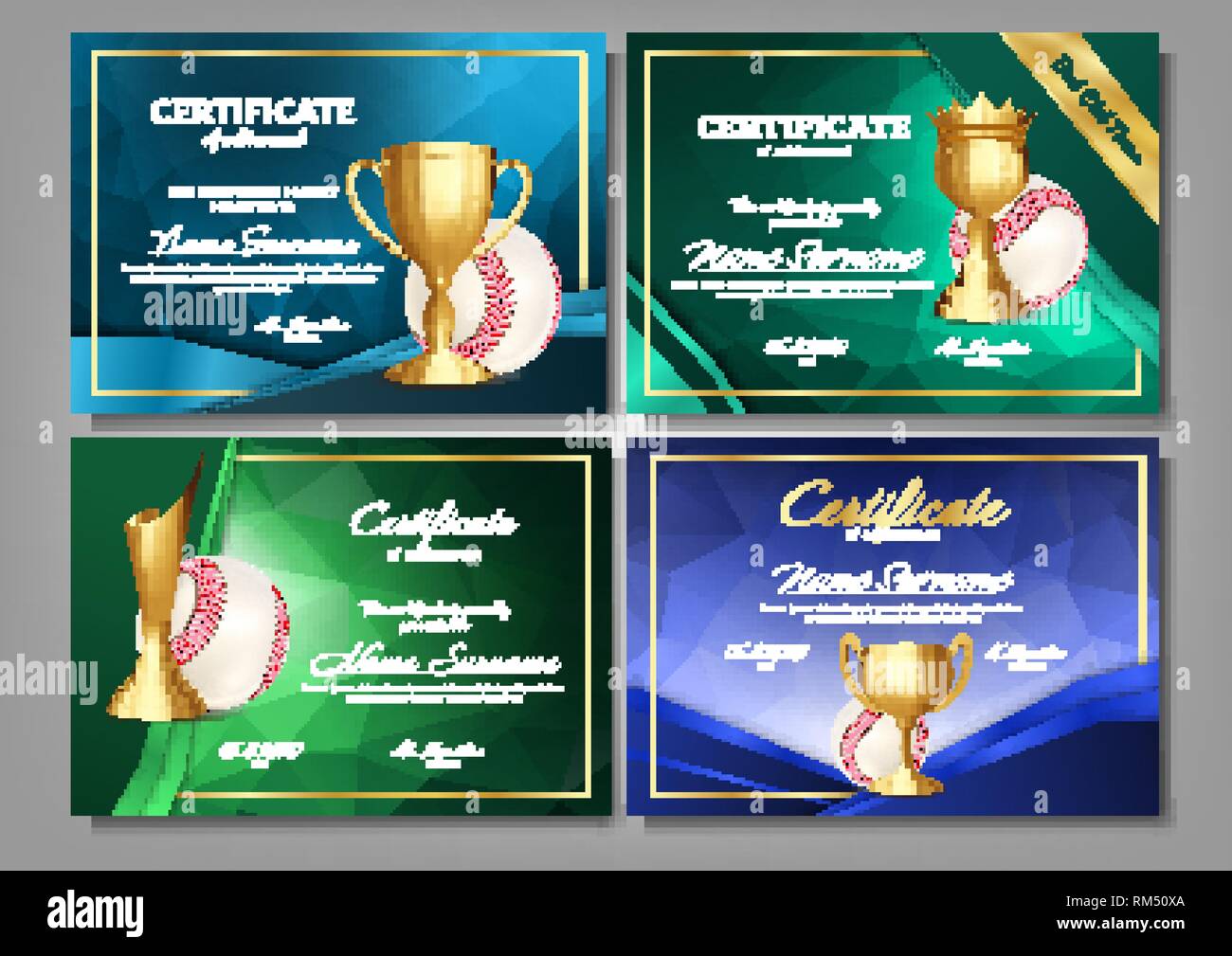 Baseball Game Certificate Diploma With Golden Cup Set Vector. Sport ...