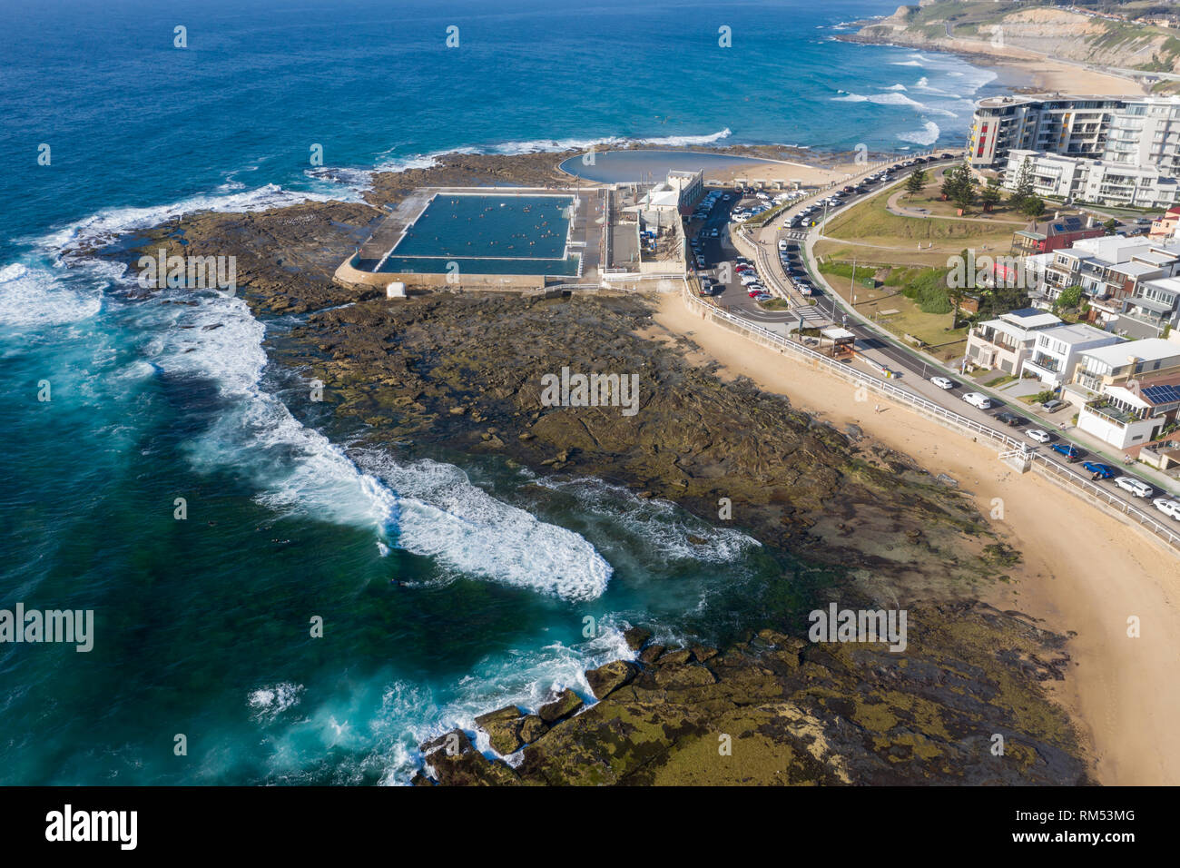 Aerial view of Newcastle Baths and the Cowrie Hole. Newcastle is a popular destination in NSW and is the second oldest city in Australia and located o Stock Photo