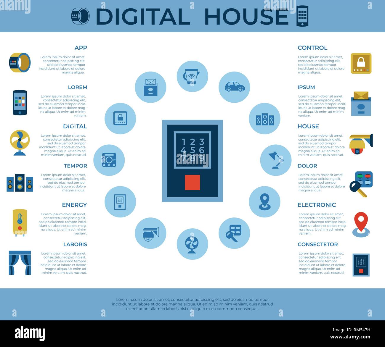Digital vector wireless smart and digital house simple icons, flat style infographics Stock Vector