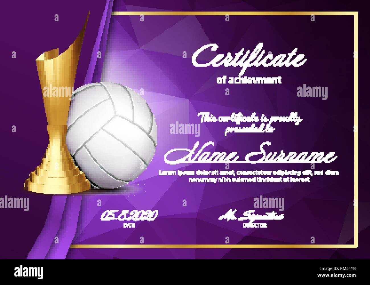 Volleyball Certificate Diploma With Golden Cup Vector. Sport Vintage