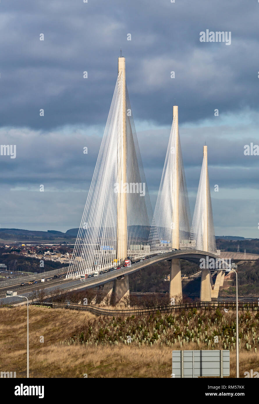 Road bridge Queensferry Crossing carrying motorway M9 across Firth of Forth from South Queensferry West Lothian to North Queensferry Fife Scotland UK Stock Photo