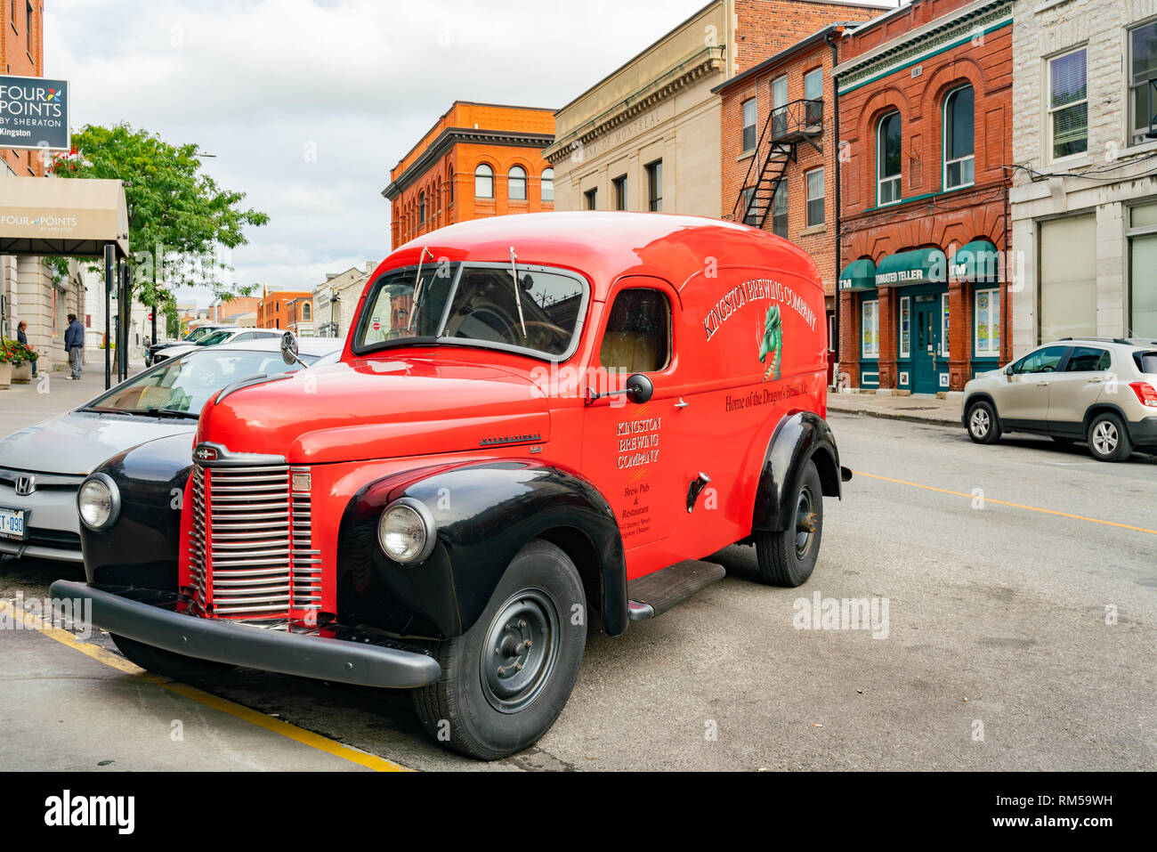 Kingston, OCT 5 Red antique car on the street on OCT 5, 2018 at