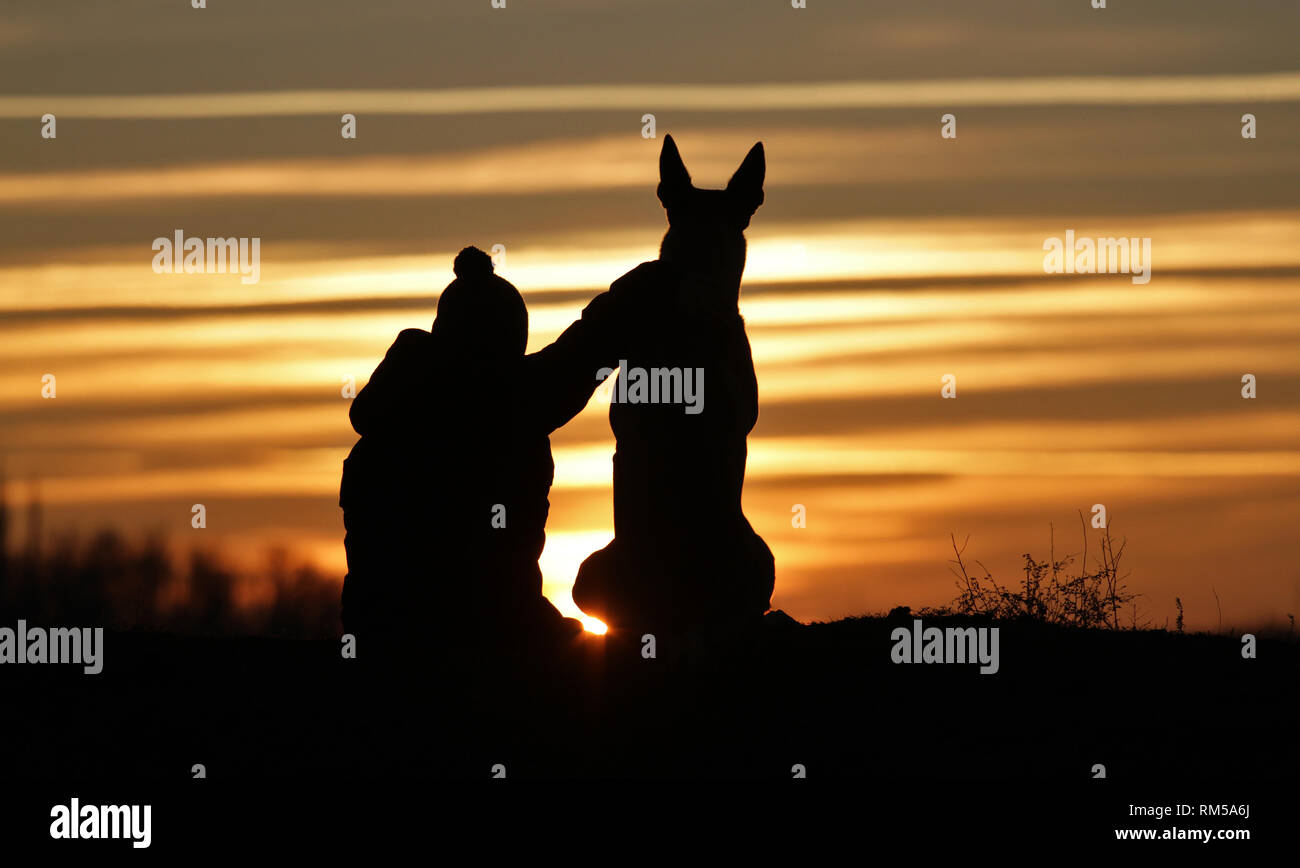 A touching photo of a baby boy and a dog of the breed Belgian Shepherd Malinois on the background of a beautiful sunset Stock Photo