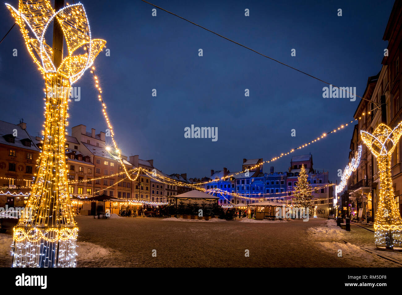 Warsaw Old Town Square With Christmas Lights And Snow Stock Photo Alamy