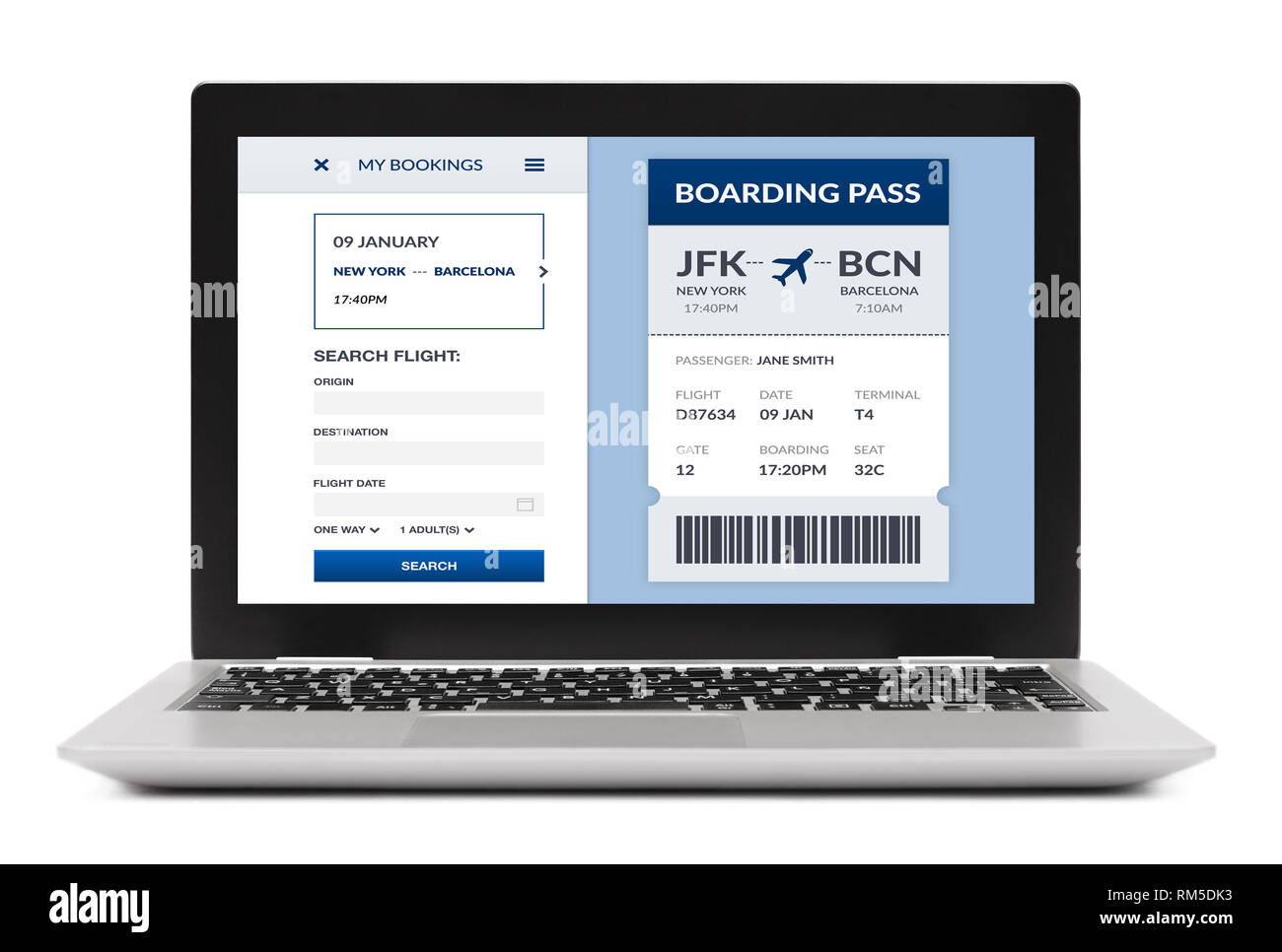 Boarding pass concept on laptop computer screen. Isolated on white background. All screen content is designed by me. Stock Photo