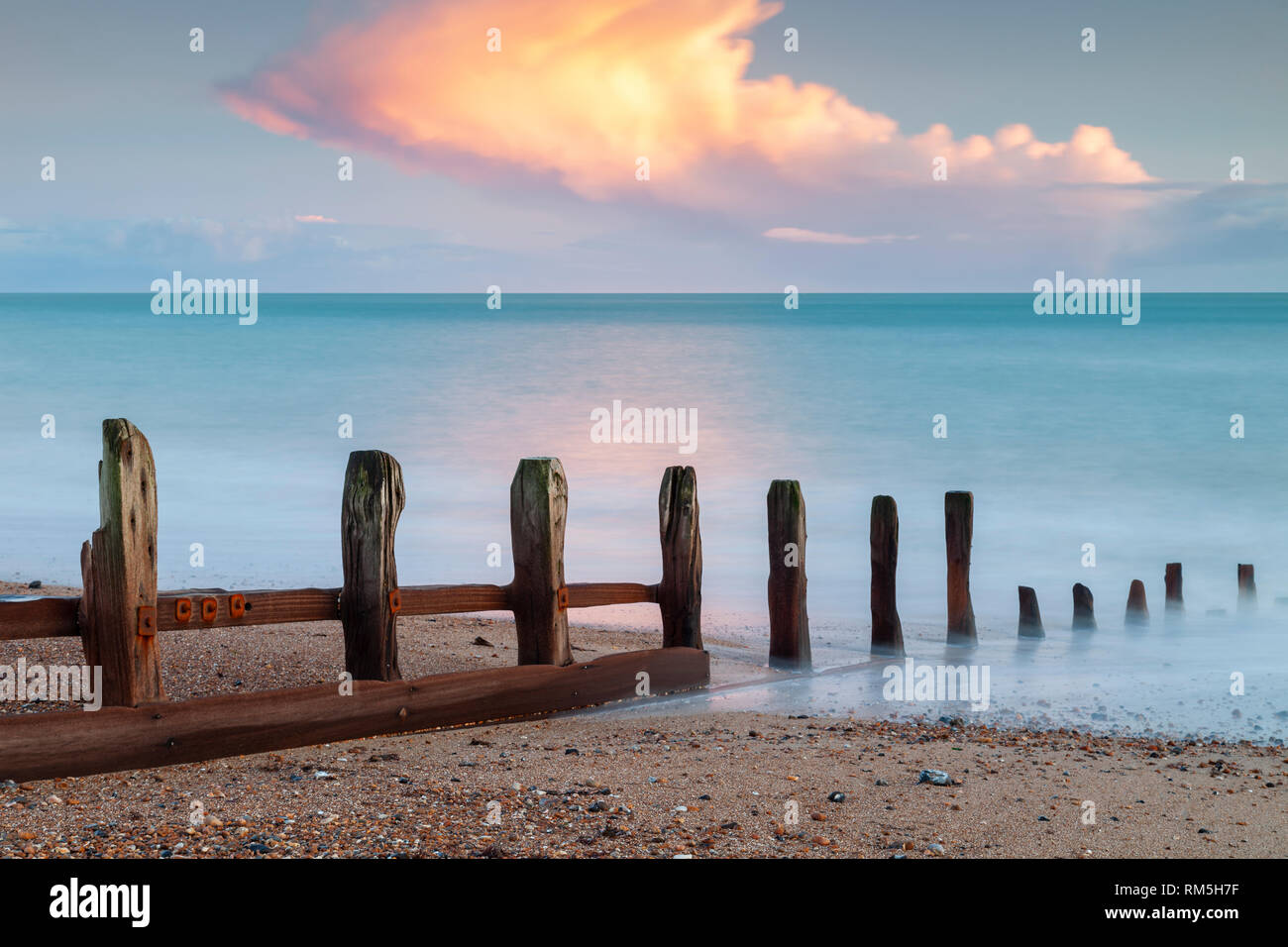 Sunset on Shoreham beach, West Sussex. Stock Photo