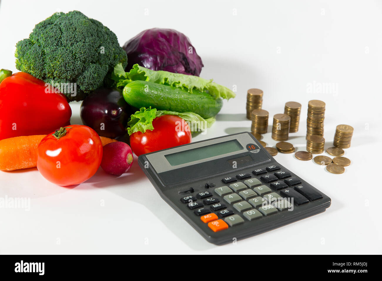Lack of money on health food, poverty social status people concept. Fresh  ripe vegetable composition against a stack of coins and calculator Stock  Photo - Alamy