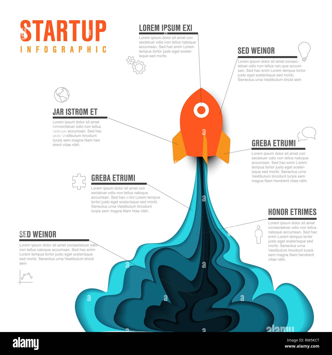 Paper cut startup infographic template with space rocket - light version Stock Vector
