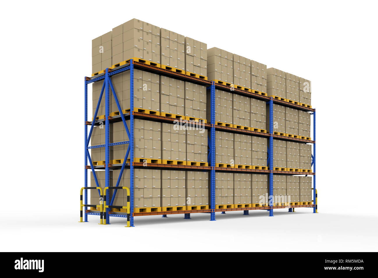 3d rendering warehouse rack with cardboard boxes on white background ...
