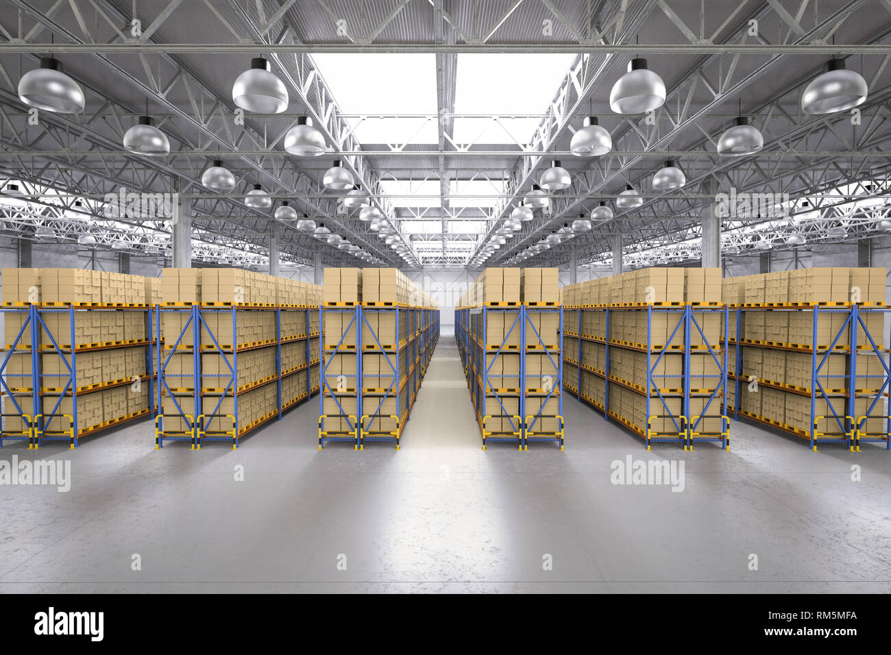 3d rendering racks full of carton boxes in warehouse Stock Photo - Alamy