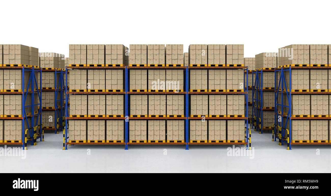 3d rendering racks full of carton boxes in warehouse Stock Photo - Alamy