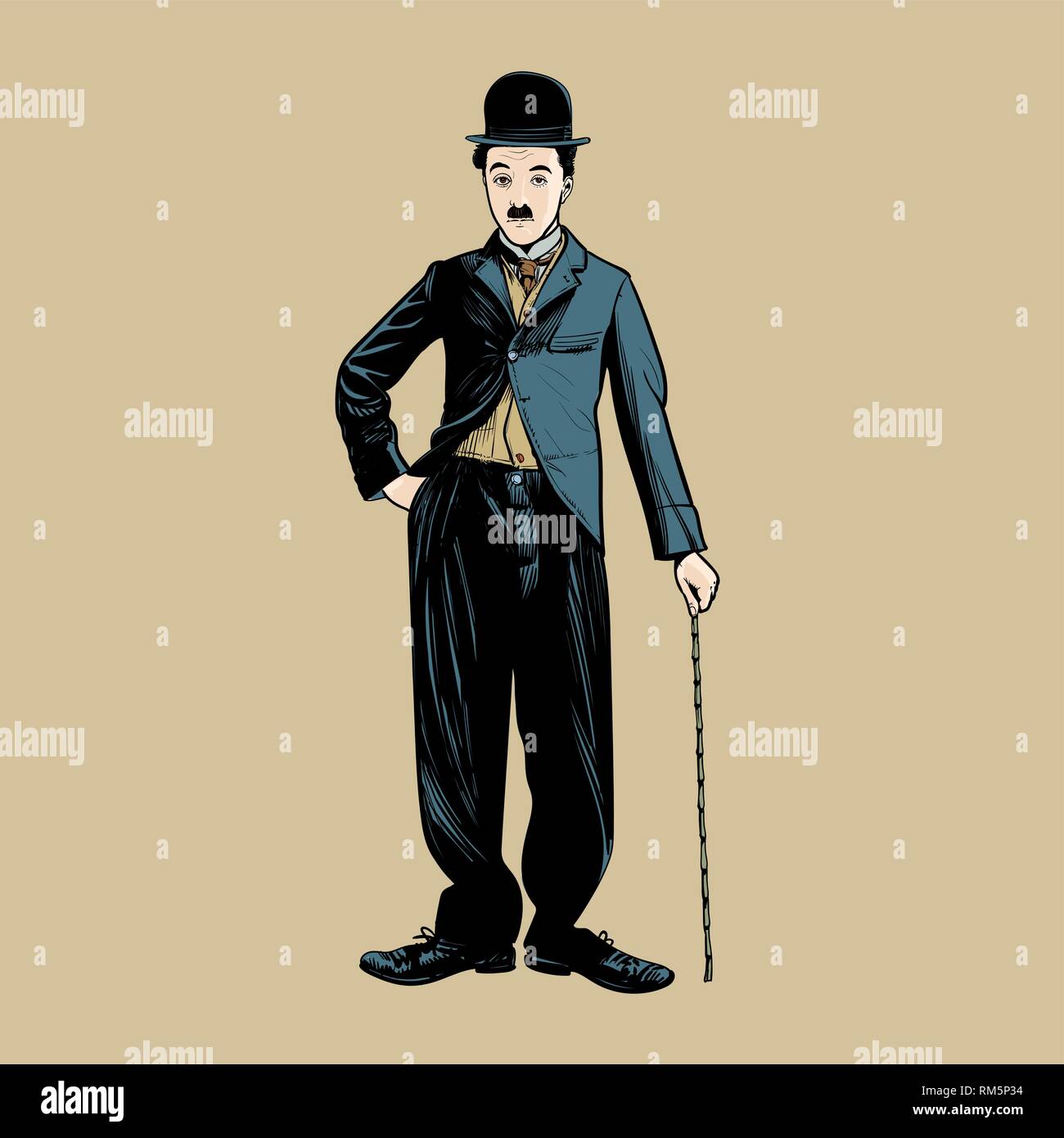 Charlie Chaplin portrait in line art illustration. He was English comic actor, movie maker and composer who rose the fame in the era of silent movie. Stock Vector