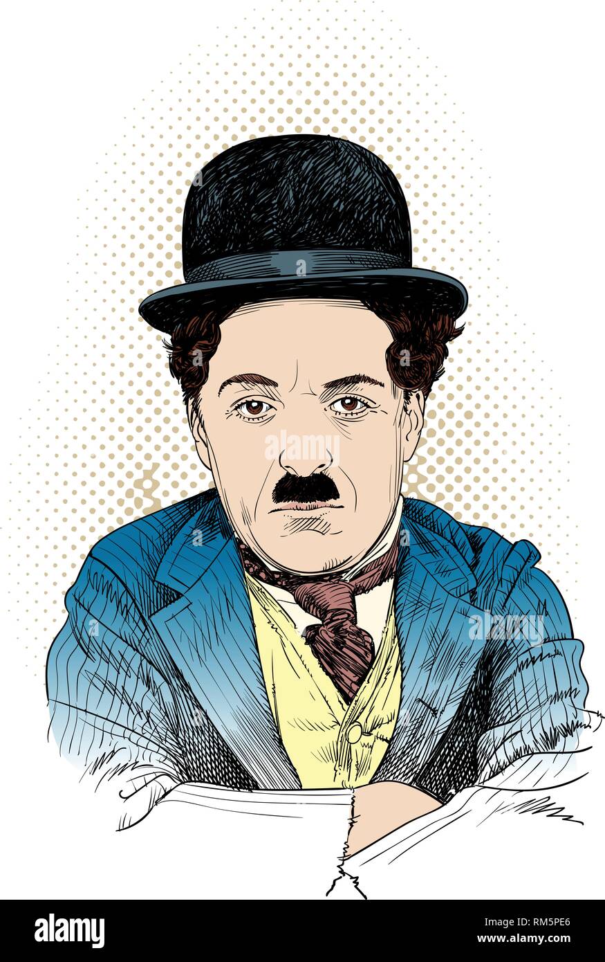Charlie Chaplin portrait in line art illustration.. He was English comic actor, movie maker and composer who rose the fame in the era of silent movie. Stock Vector