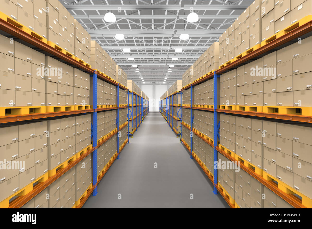 3d rendering racks full of carton boxes in warehouse Stock Photo - Alamy