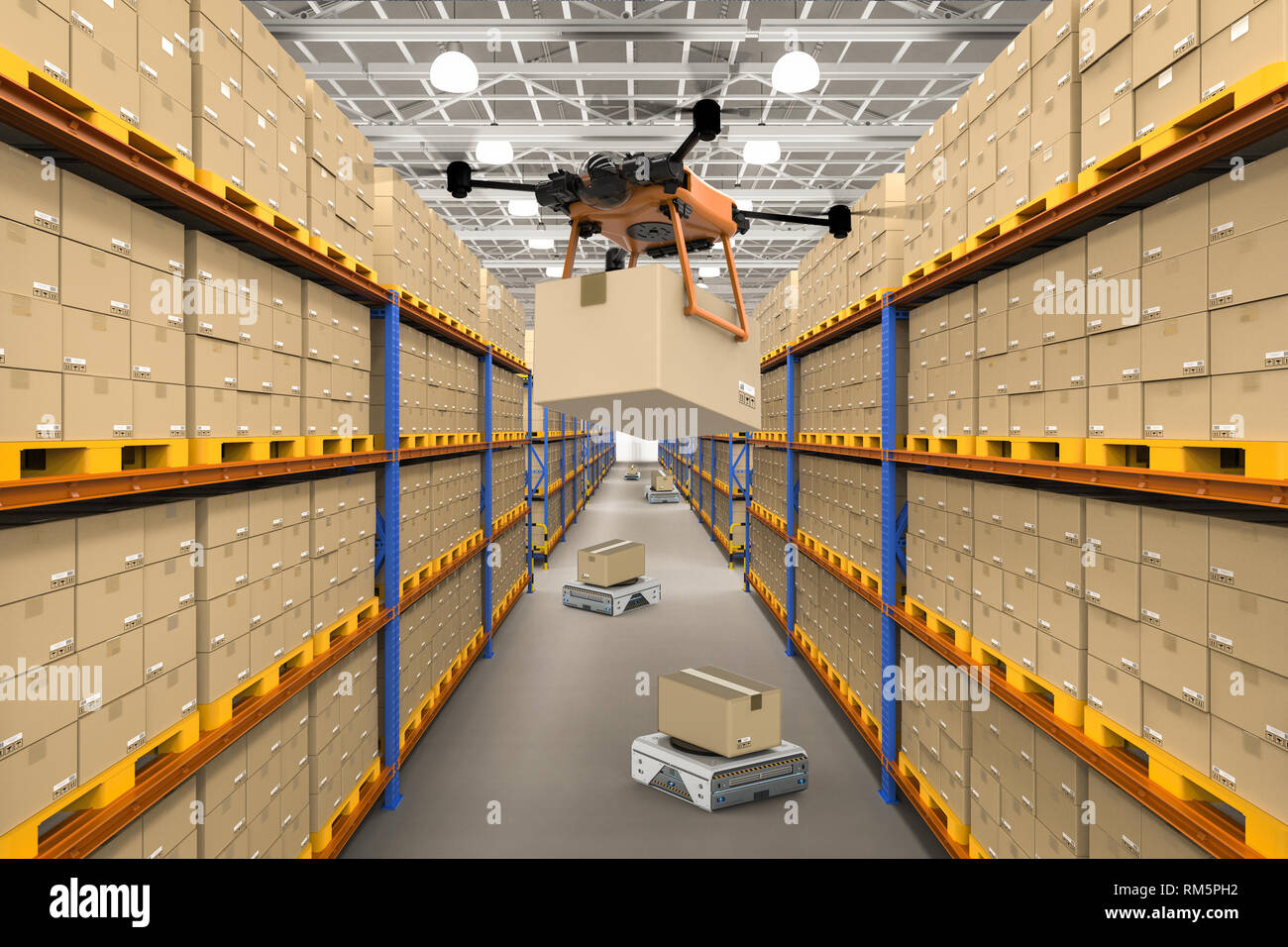 Automation warehouse concept with 3d rendering delivery drone holding ...