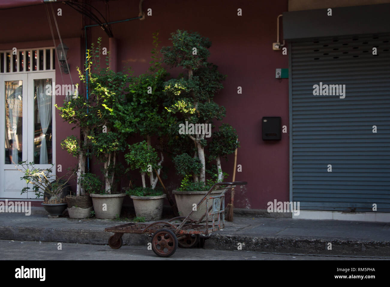 Metallic trolley, potted trees and broom in front of burgundy wall with roller shutter and post box on the street of Bangkok, Thailand Stock Photo
