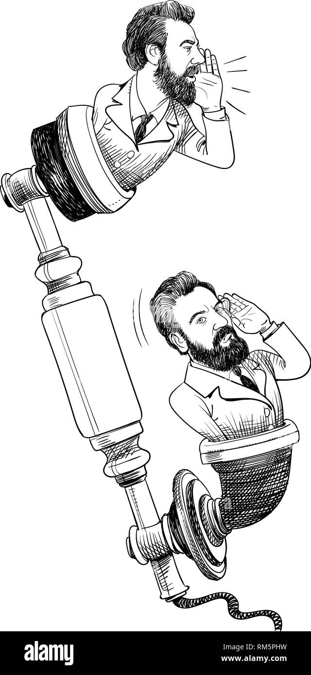 Alexander Graham Bell caricature in line art illustration. He's talking and listening on the antique phone receiver. Stock Vector