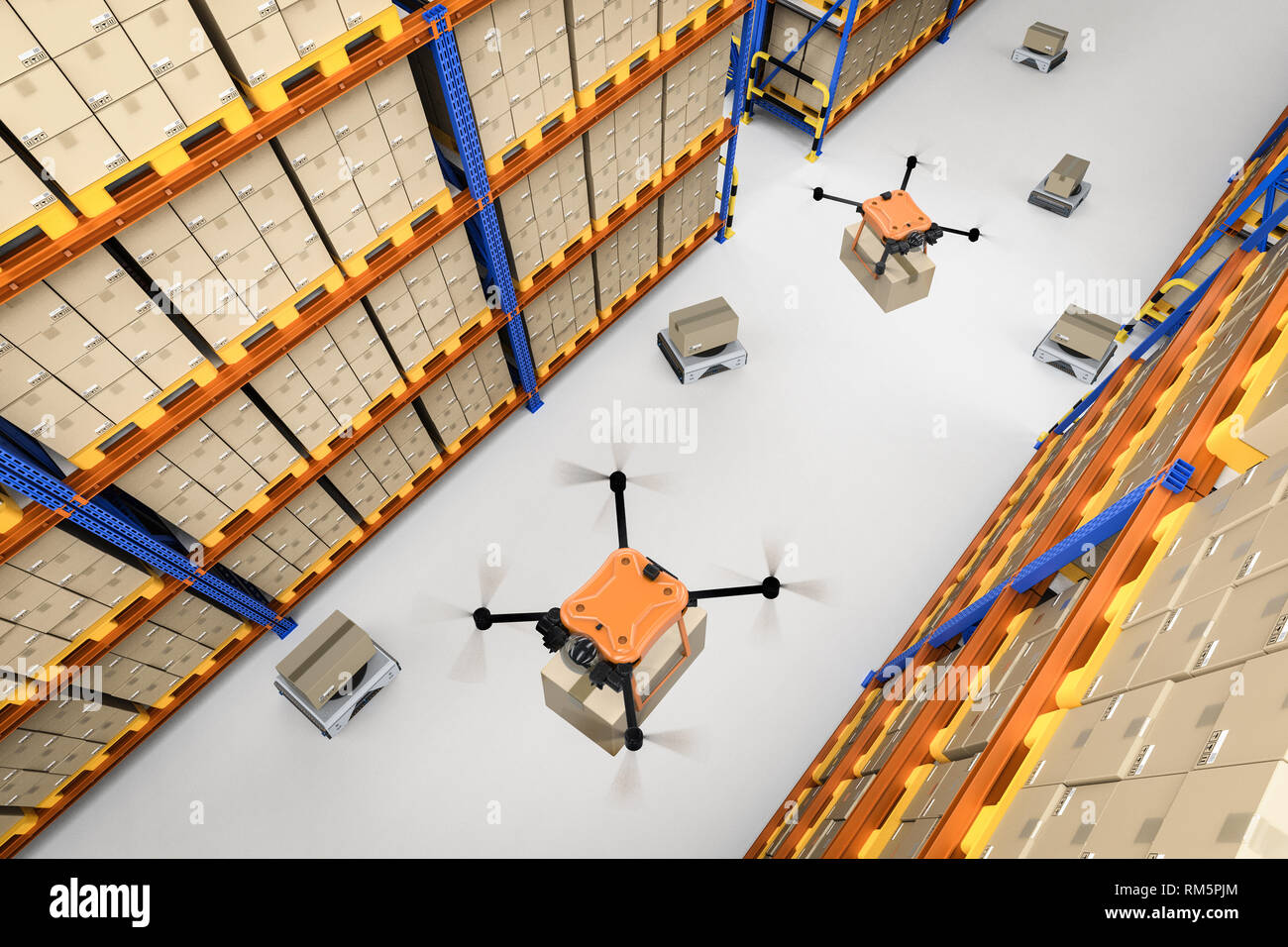 Automation warehouse concept with 3d rendering delivery drone holding ...