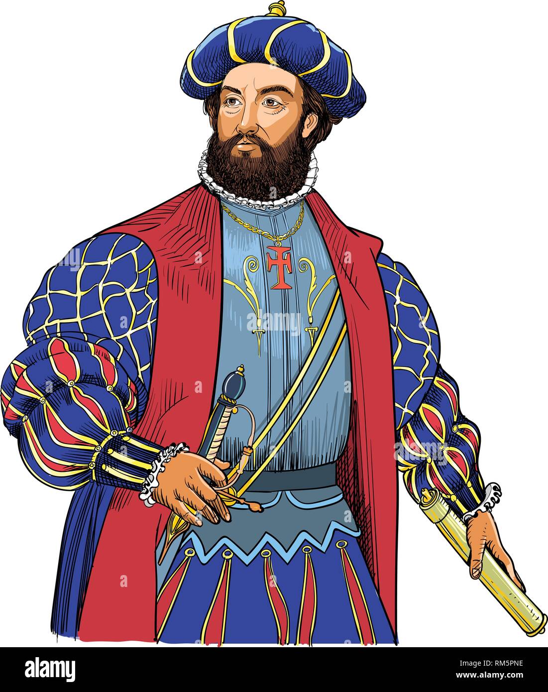 Vasco da Gama portrait in line art. He was Portuguese explorer and the first European who reached India by sea rounded the Cape of Good Hope in 1498. Stock Vector