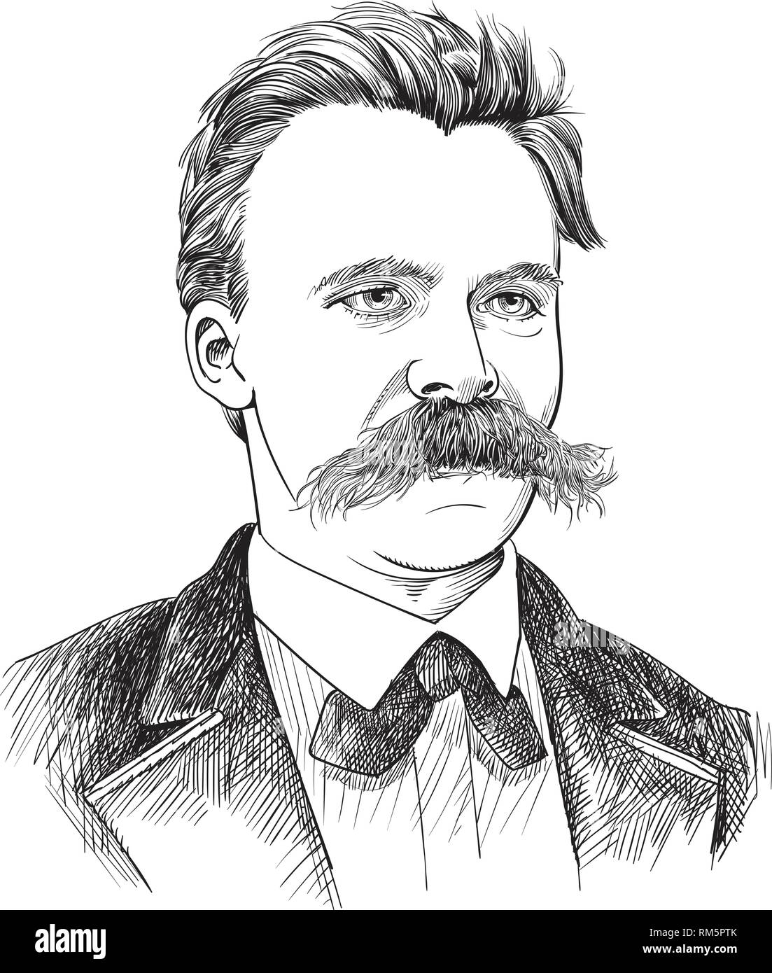 Friedrich Nietzsche portrait in line art illustration. He was German philosopher, philologist, poet, composer and classical scholar. Editable layers. Stock Vector