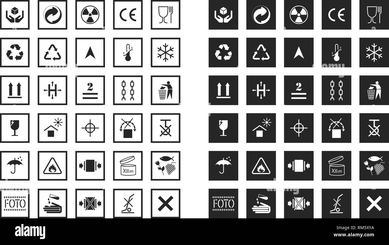 Collections of basic informational signs for labeling on cardboard boxes. Logistics icons for products, labels, containers. Pictogram in flat style. Stock Vector