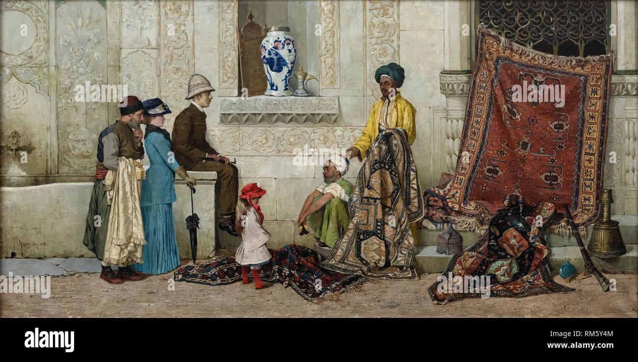 Osman Hamdi Bey (1842-1910), Persian Carpet Dealer on the Street, 1888. Persicher Teppichhändler auf der Straße. Alte Nationalgalerie, Berlin. Stock Photo