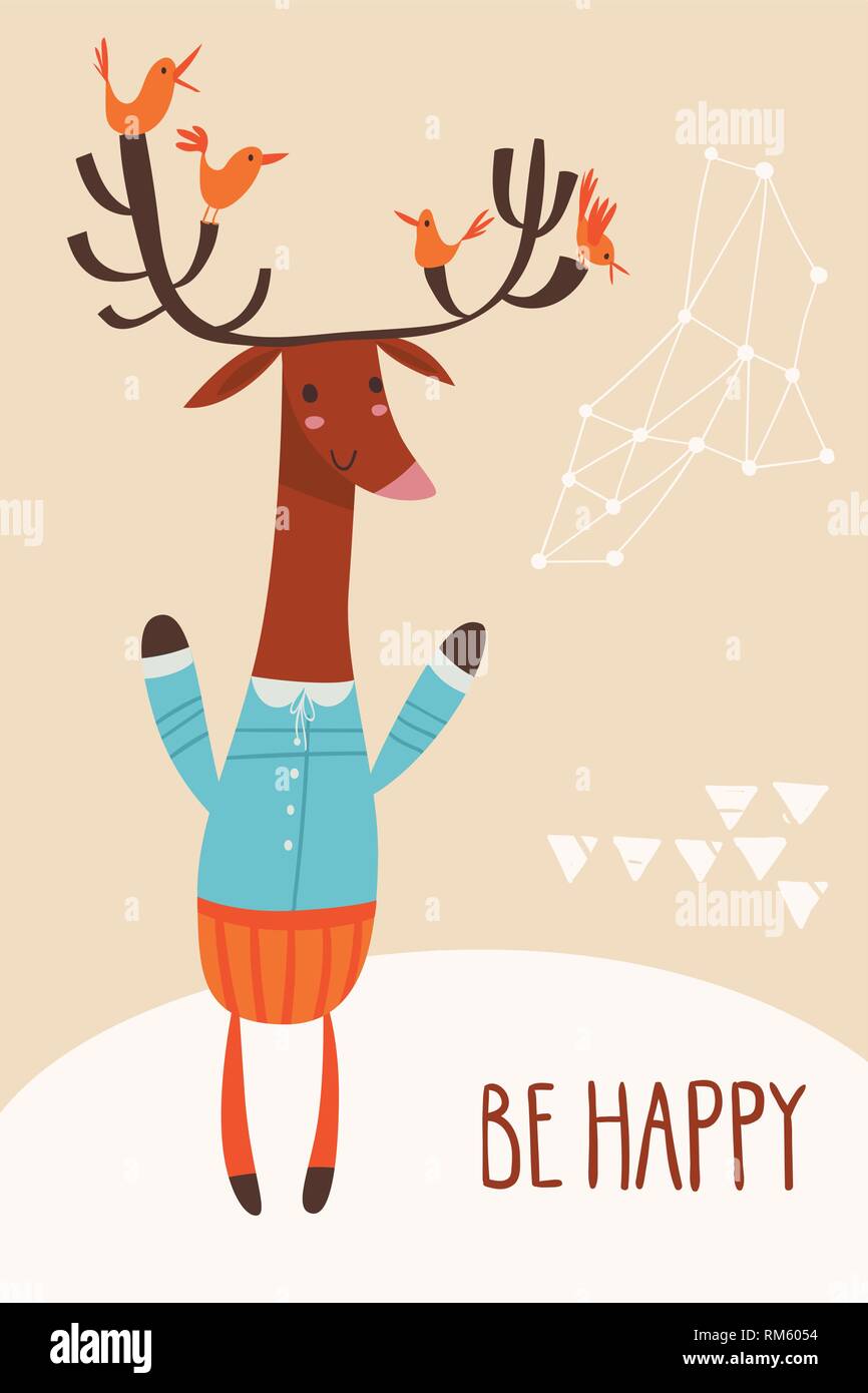 Motivational vector card with deer and be happy  Stock Vector