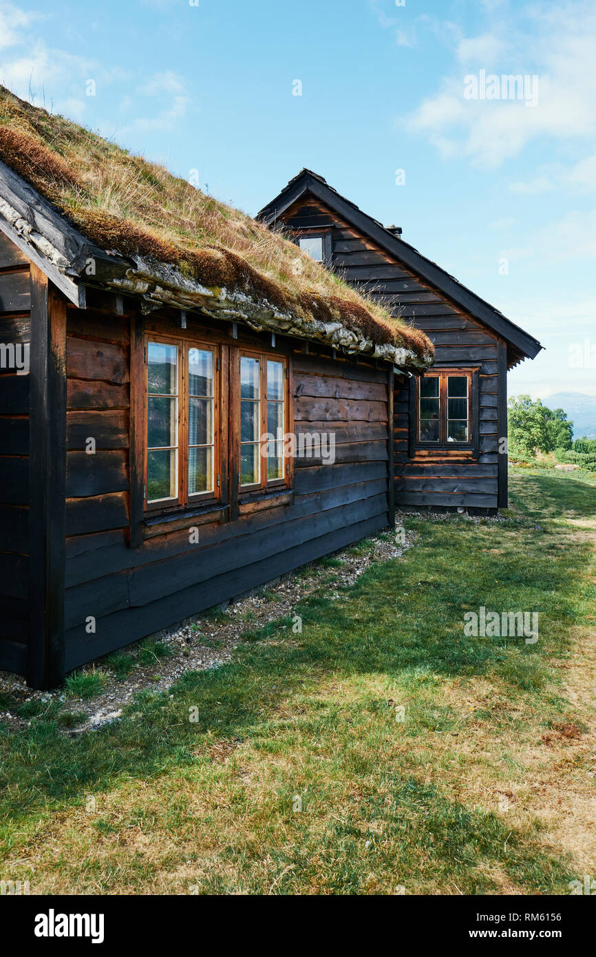A traditional timbered turf roof summer house detail in Norway. Stock Photo
