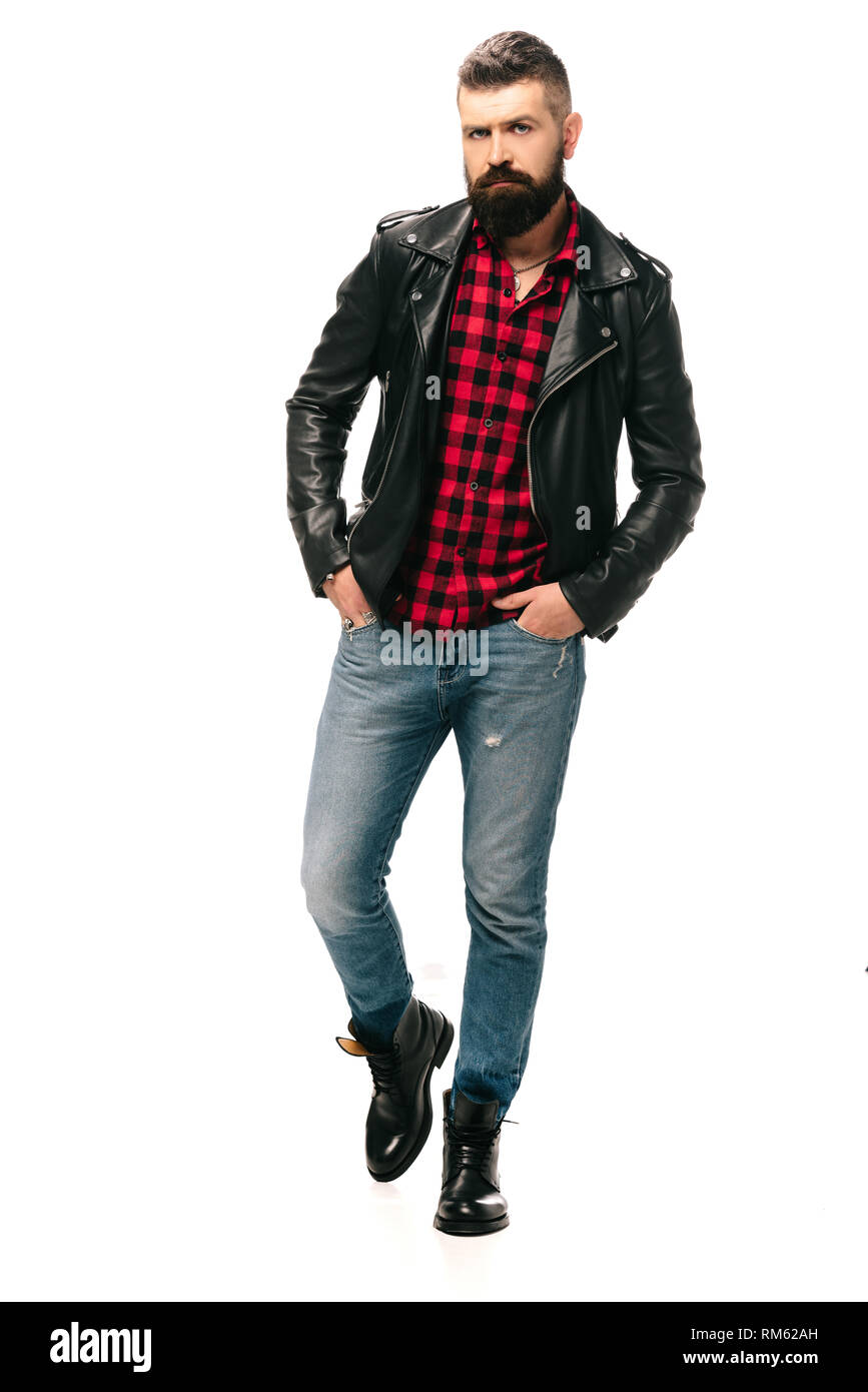 Handsome Bearded Man In Black Leather Jacket Isolated On White Stock Photo Alamy