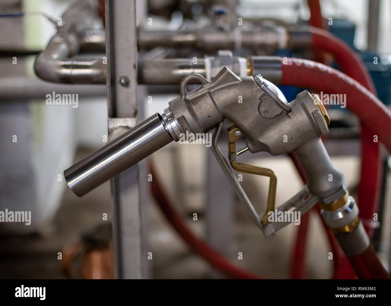 New sytainless steel whisky pump delivery system for filling whisky barrels, Edderton, Ross-shire, Scotland Stock Photo