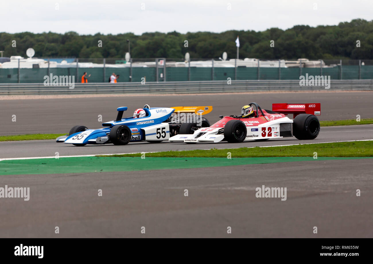 David Shaw in a March 721 battles with Philip Hall's Theodore TR1, during the FIA Masters Historic Formula One Race at the 2017 Silverstone Classic Stock Photo