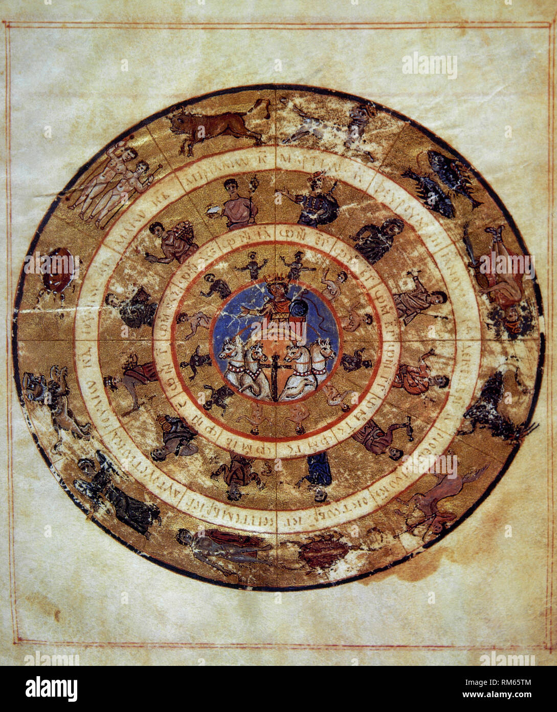 Vaticanus gr. 1291 or Vat. gr. 1291. Is the oldest copy of the tables that has been preserved. It dates from 813-820 AD (Reign of Pope Leon V). Manuscript copy of Ptolomy's so-called 'Handy Tables'. Astronomical table. Helios in his chariot. Fol 9r. Vatican Apostolic Library, Vatican city. Stock Photo