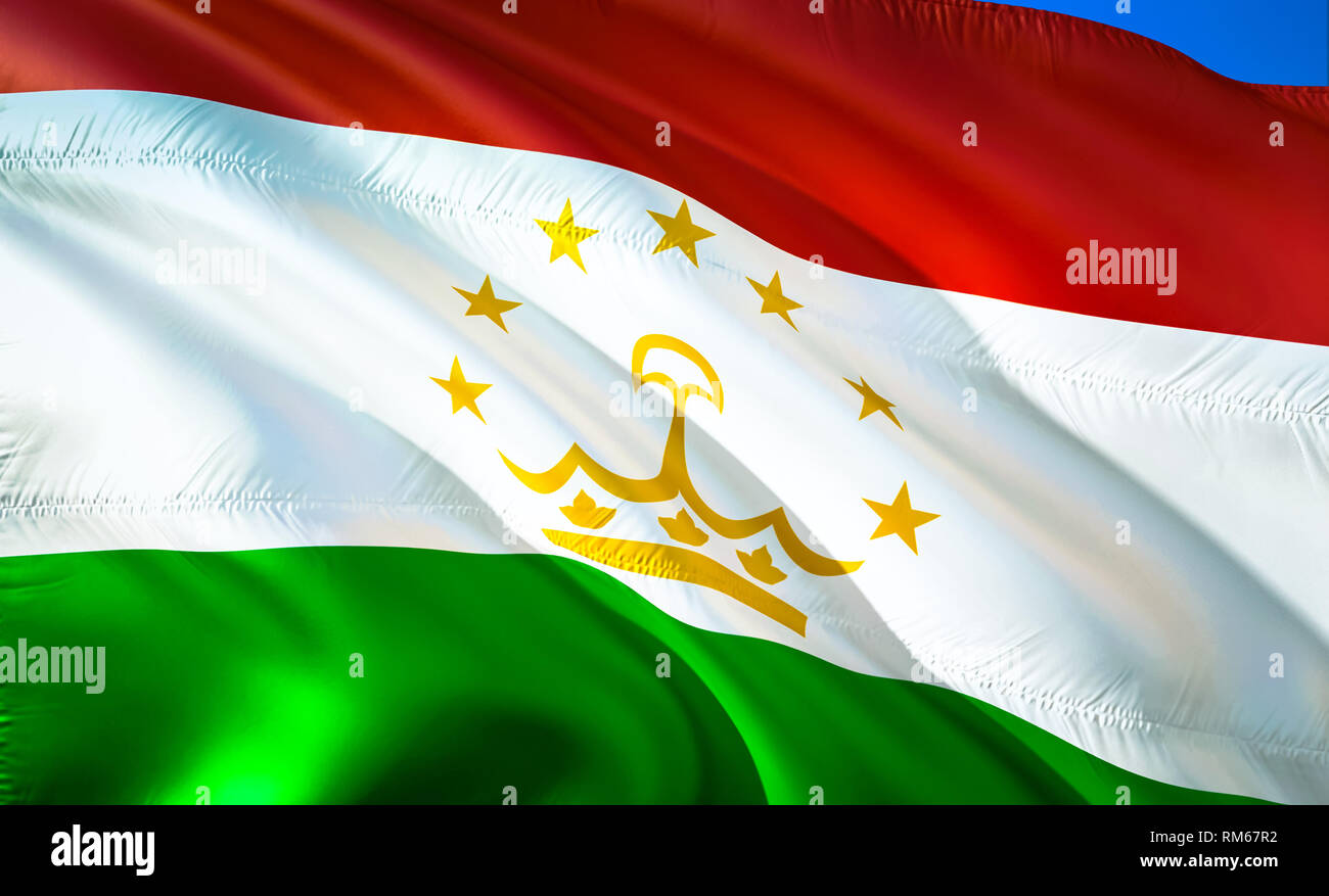 Flag of Tajikistan. 3D Waving flag design. The national symbol of Tajikistan, 3D rendering. National colors of Tajikistan 3D Waving sign background de Stock Photo
