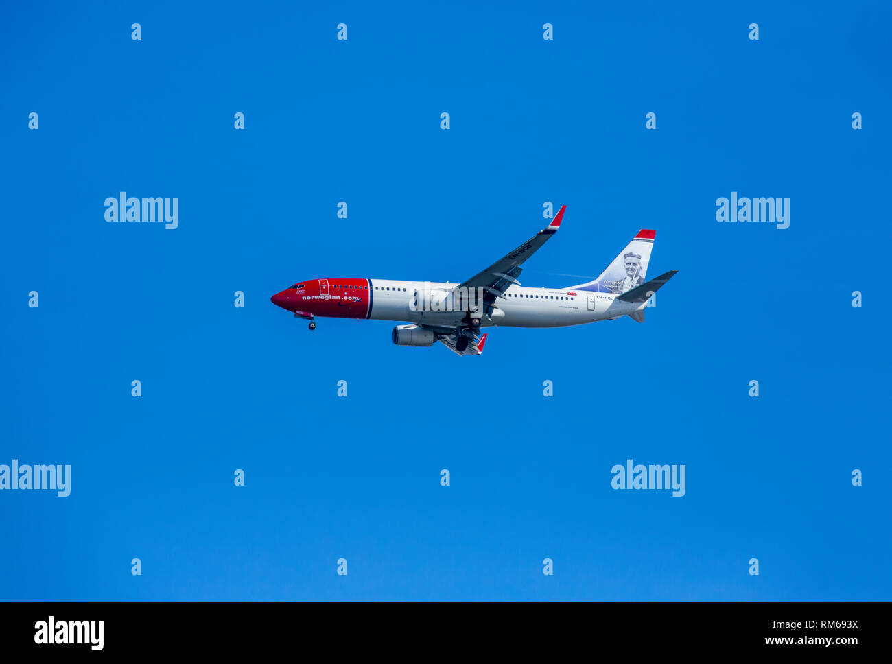 LN-NGU Norwegian Air Shuttle, Boeing 737-800 on a blue sky background. Photographed in Spitsbergen, Svalbard, Norway Stock Photo