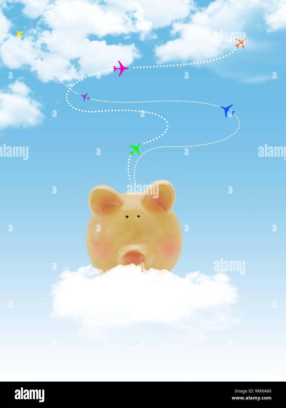 Piggy bank with blue sky and clouds and airplanes Stock Photo Alamy