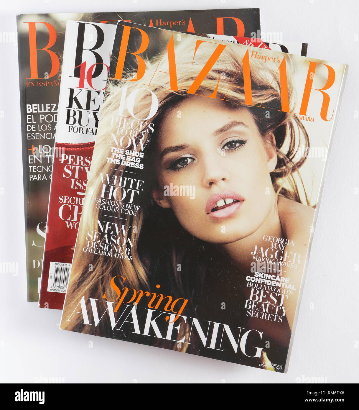 CZECH - MAY 21, 2015: Stack of magazines Harpers Bazaar, on top issue February 2013 with Georgia May Jagger on cover. Editorial use only. Stock Photo