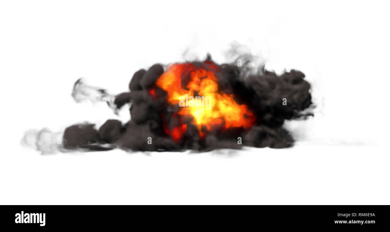 Ground Explosion With Thick, Heavy Smoke Isolated On White Background Stock Photo