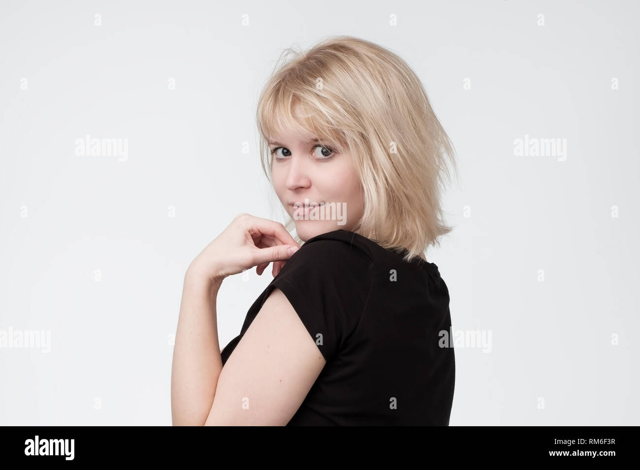 Portrait of young beautiful cute cheerful girl smiling looking at ...