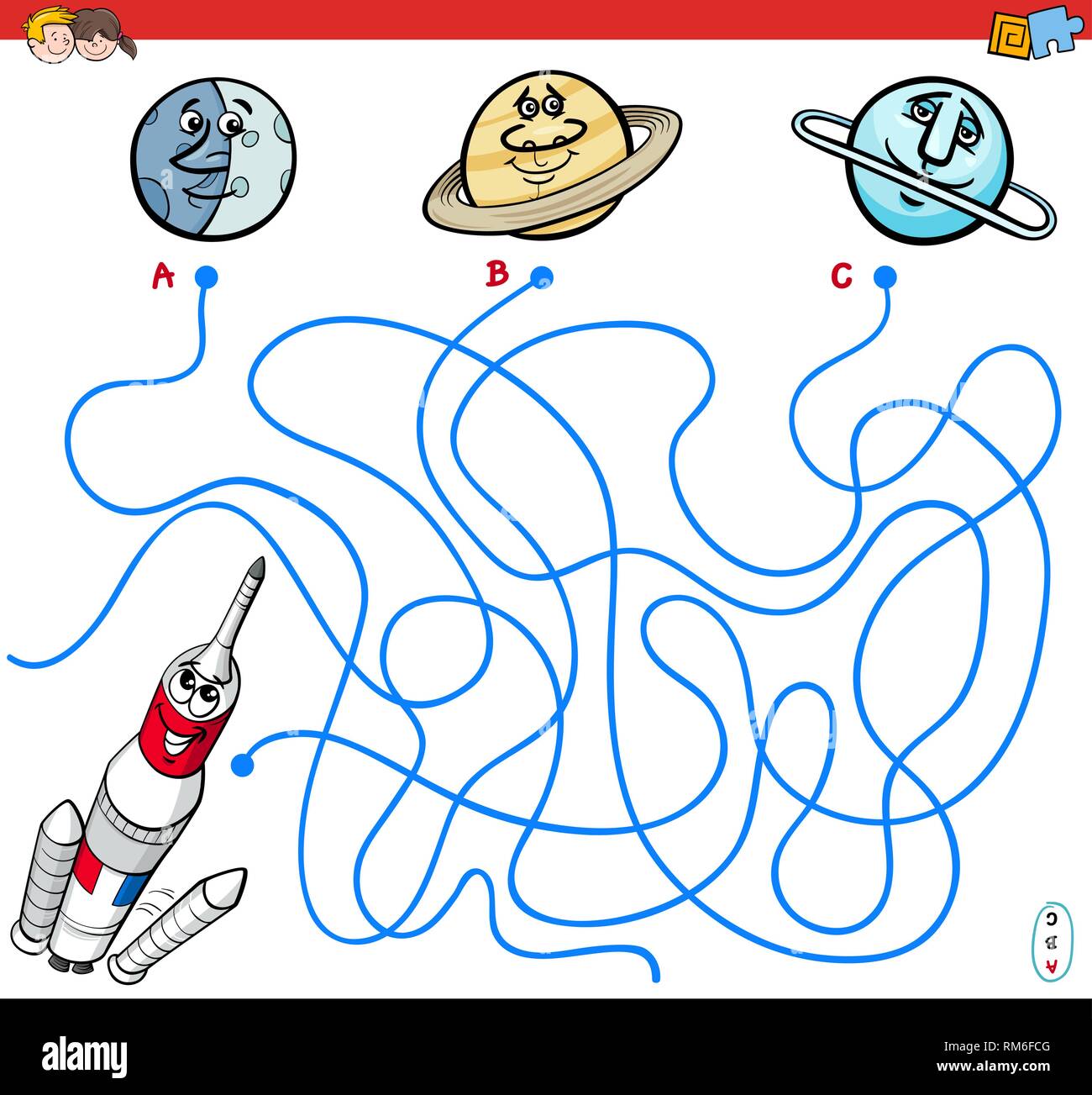 Cartoon Illustration of Paths or Maze Puzzle Game with Space Rocket and Stock Vector